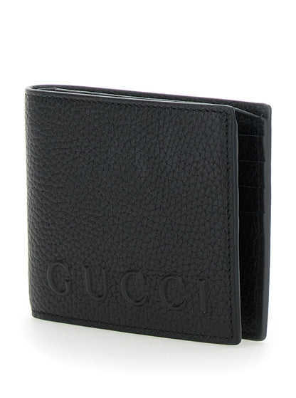Gucci Men Black Bi-Fold Wallet With Embossed Logo Lettering On The Front In Grained Leather Man by Luosophy