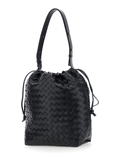 Bottega Veneta Men Black Shoulder Bag With Drawstring Closure And Intrecciato Motif In Leather Man by Luosophy