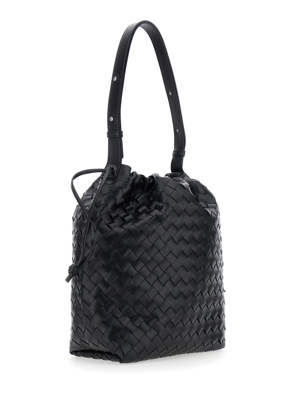 Bottega Veneta Men Black Shoulder Bag With Drawstring Closure And Intrecciato Motif In Leather Man by Luosophy