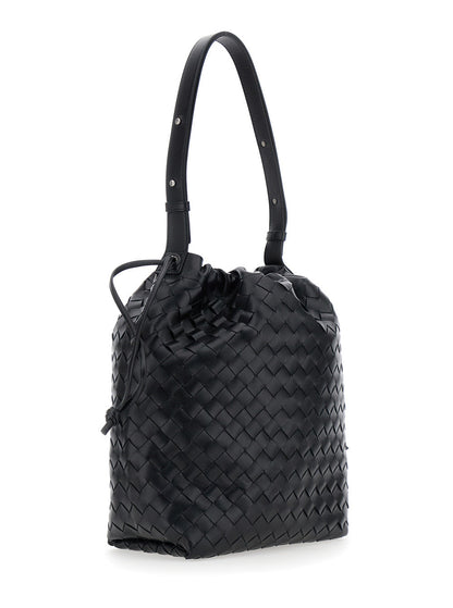 Bottega Veneta Men Black Shoulder Bag With Drawstring Closure And Intrecciato Motif In Leather Man by Luosophy