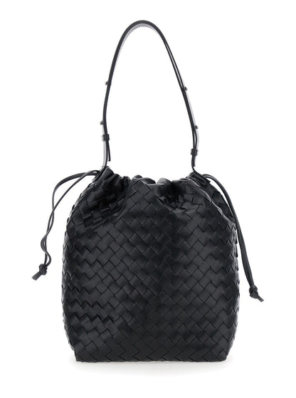 Bottega Veneta Men Black Shoulder Bag With Drawstring Closure And Intrecciato Motif In Leather Man by Luosophy