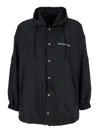 Balenciaga Men Black Jacket With Logo Lettering On The Front And Logo Patch On The Elbow In Tech Fabric Man by Luosophy