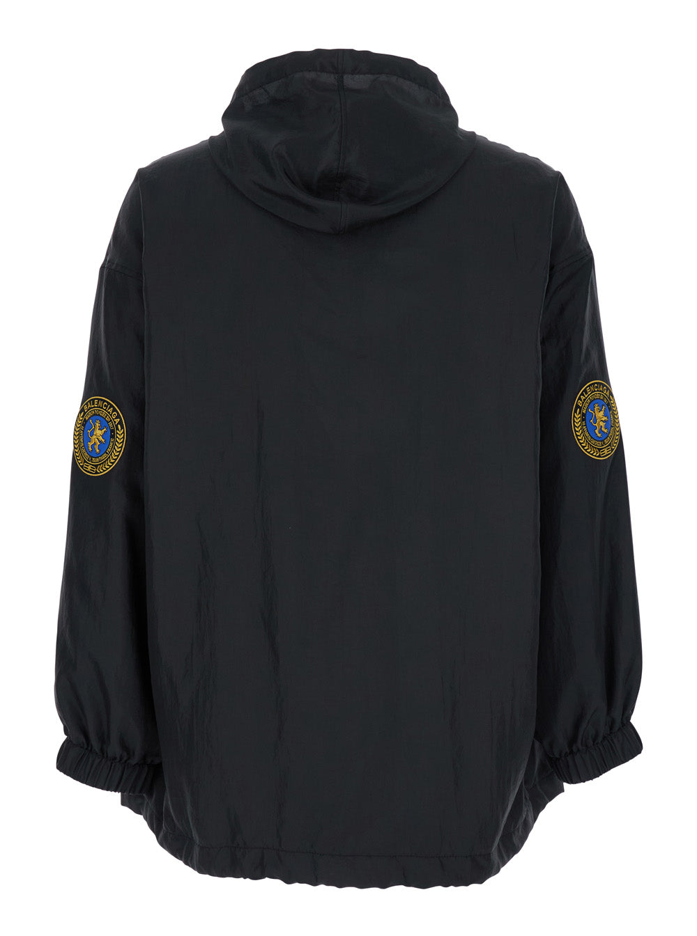Balenciaga Men Black Jacket With Logo Lettering On The Front And Logo Patch On The Elbow In Tech Fabric Man by Luosophy