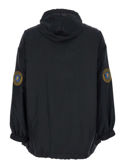 Balenciaga Men Black Jacket With Logo Lettering On The Front And Logo Patch On The Elbow In Tech Fabric Man by Luosophy