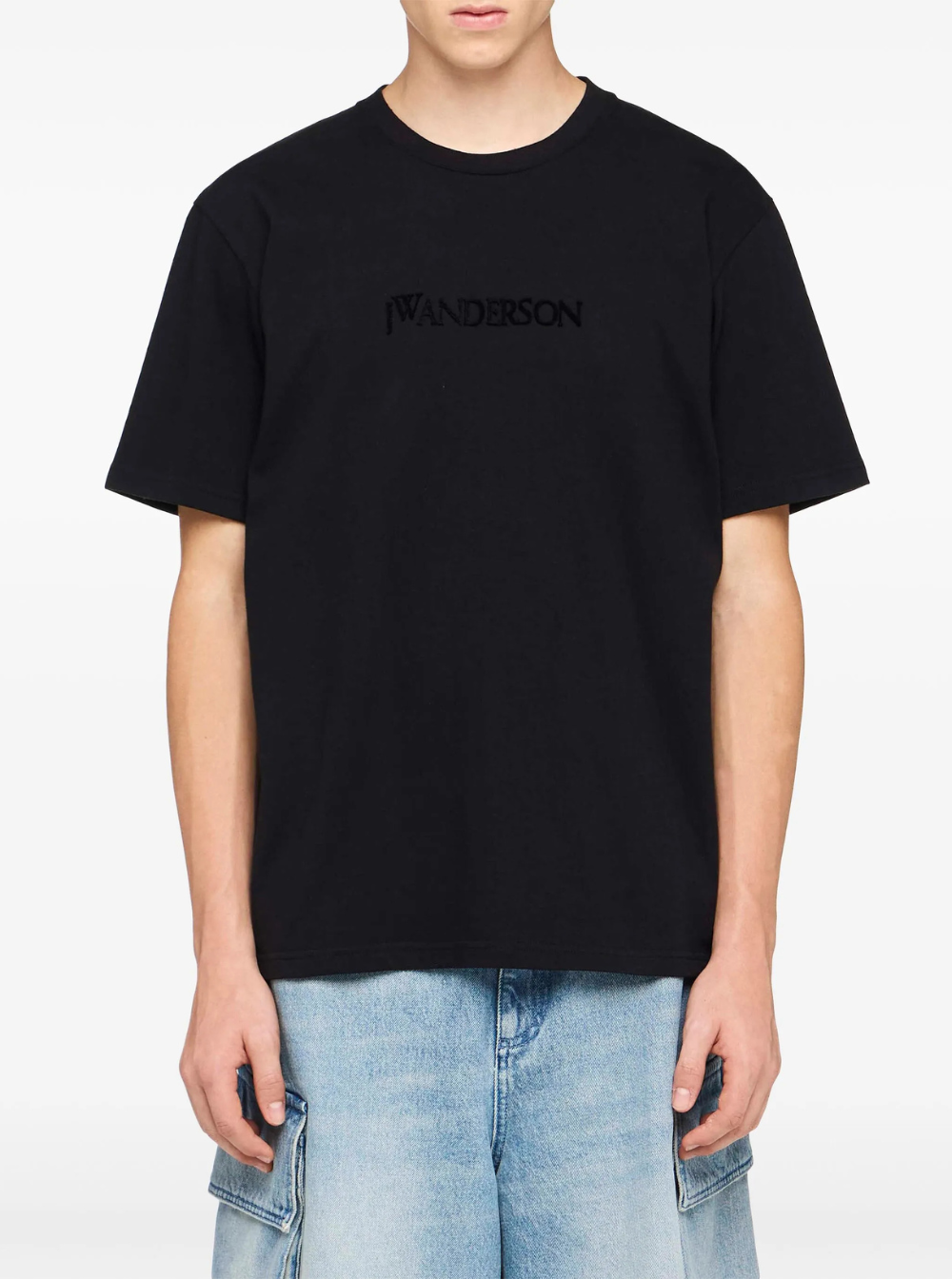 Jw Anderson Men Black Crewneck T-Shirt With Logo Lettering Embroidery On The Front In Cotton Man by Luosophy