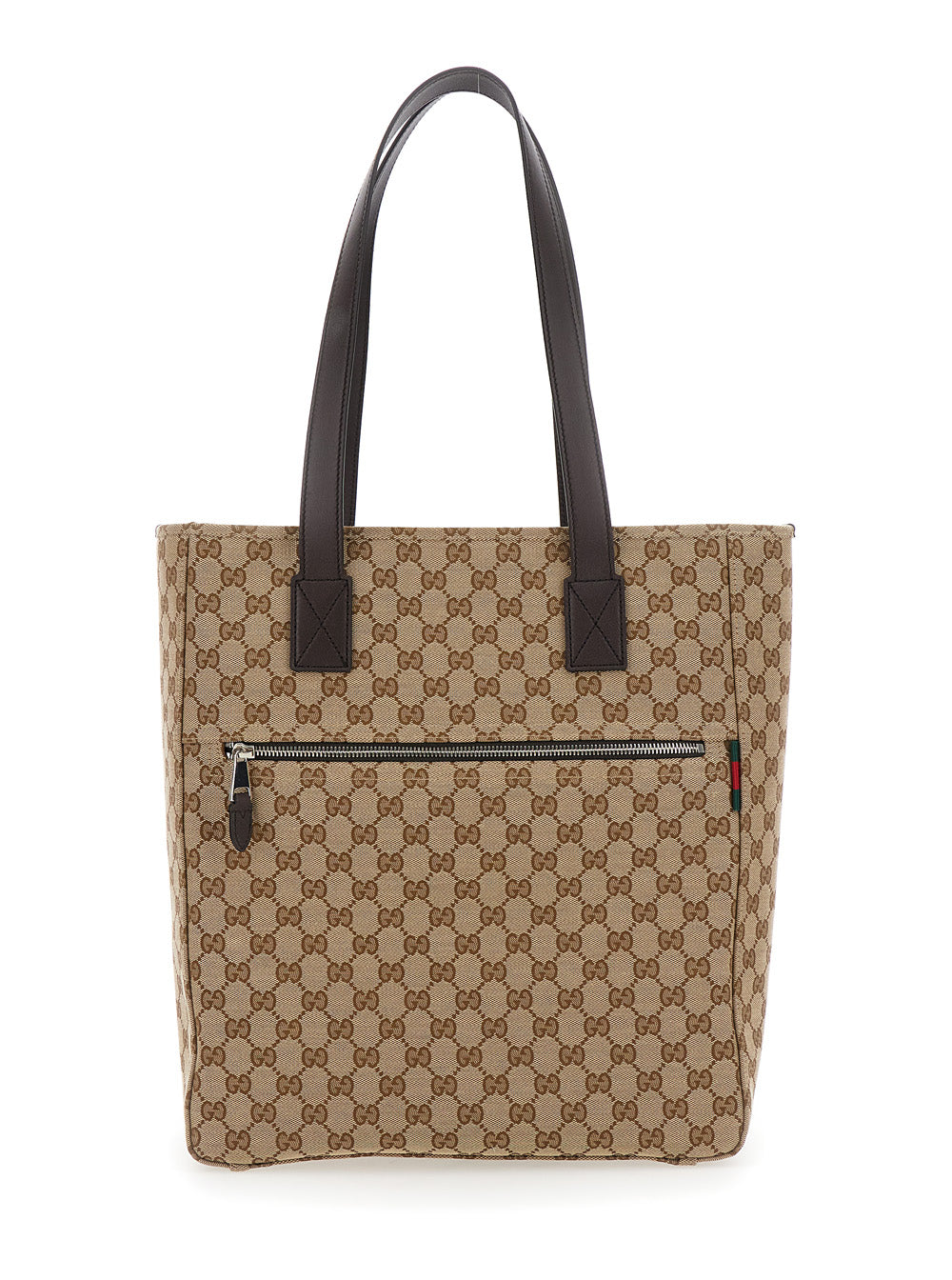 Gucci Men Beige Tote Bag With Two Top Leather Handles And Front Zip Pocket In Gg Canvas Man by Luosophy