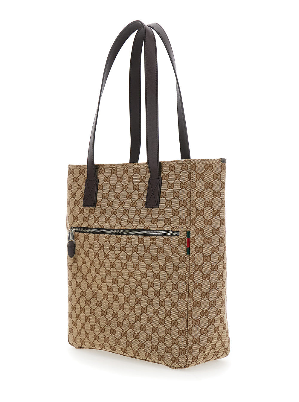 Gucci Men Beige Tote Bag With Two Top Leather Handles And Front Zip Pocket In Gg Canvas Man by Luosophy
