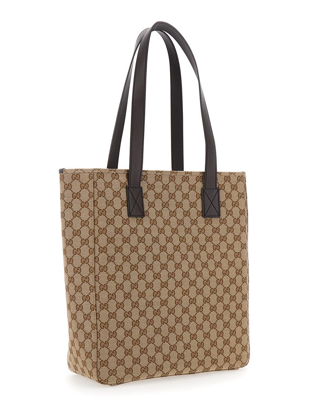 Gucci Men Beige Tote Bag With Two Top Leather Handles And Front Zip Pocket In Gg Canvas Man by Luosophy