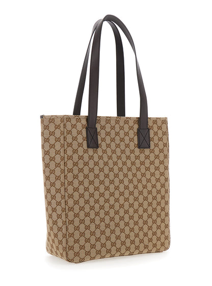 Gucci Men Beige Tote Bag With Two Top Leather Handles And Front Zip Pocket In Gg Canvas Man by Luosophy
