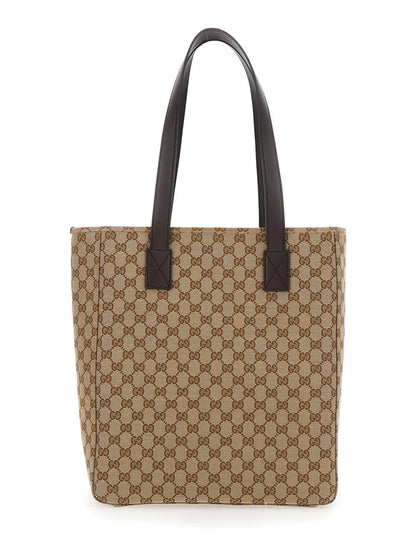 Gucci Men Beige Tote Bag With Two Top Leather Handles And Front Zip Pocket In Gg Canvas Man by Luosophy