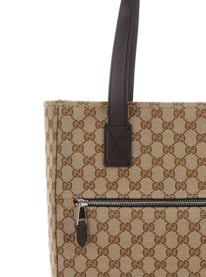 Gucci Men Beige Tote Bag With Two Top Leather Handles And Front Zip Pocket In Gg Canvas Man by Luosophy