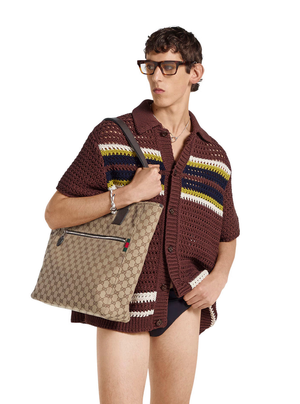 Gucci Men Beige Tote Bag With Two Top Leather Handles And Front Zip Pocket In Gg Canvas Man by Luosophy