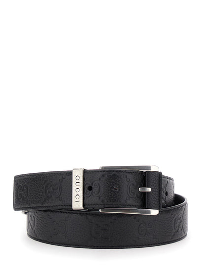 Gucci Men Black Belt With Square Buckle And All-Over Embossed Gg Logo In Grained Leather Man by Luosophy