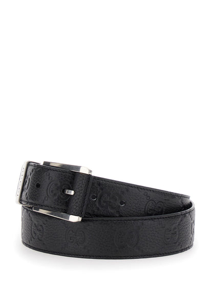 Gucci Men Black Belt With Square Buckle And All-Over Embossed Gg Logo In Grained Leather Man by Luosophy