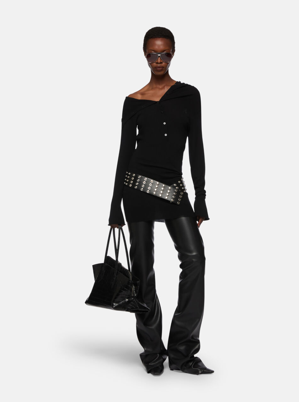 The Attico Women Black Mini Dress With Cowl Neck And Flared Sleeves In Wool And Cashmere Woman by Luosophy