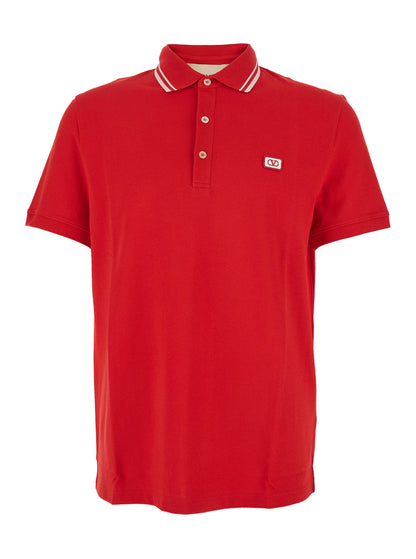 Valentino Men Red Polo Shirt With Classic Collar With Stirped Detail And Logo Patch On The Front In Cotton Piquet Man by Luosophy