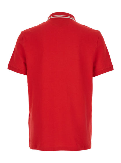 Valentino Men Red Polo Shirt With Classic Collar With Stirped Detail And Logo Patch On The Front In Cotton Piquet Man by Luosophy