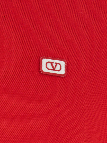 Valentino Men Red Polo Shirt With Classic Collar With Stirped Detail And Logo Patch On The Front In Cotton Piquet Man by Luosophy