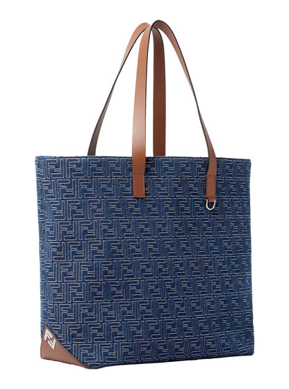 Fendi Men Blue Shopper With Long Handles And All Over Ff Motif In Cotton Man by Luosophy