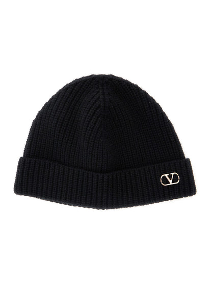 Valentino Garavani Men Black Knit Beanie With Vlogo On The Front In Cashmere Man by Luosophy