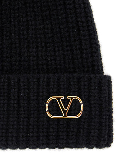 Valentino Garavani Men Black Knit Beanie With Vlogo On The Front In Cashmere Man by Luosophy