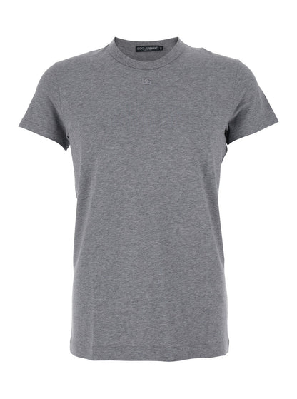Dolce &amp; Gabbana Men Grey Crewneck T-Shirt With Tonal Logo Lettering Embroidery On The Front In Cotton Stretch Man by Luosophy