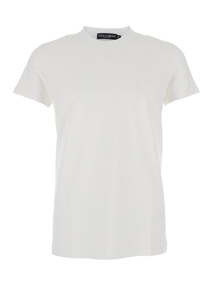 Dolce &amp; Gabbana Men White Crewneck T-Shirt With Tonal Logo Lettering Embroidery On The Front In Cotton Stretch Man by Luosophy