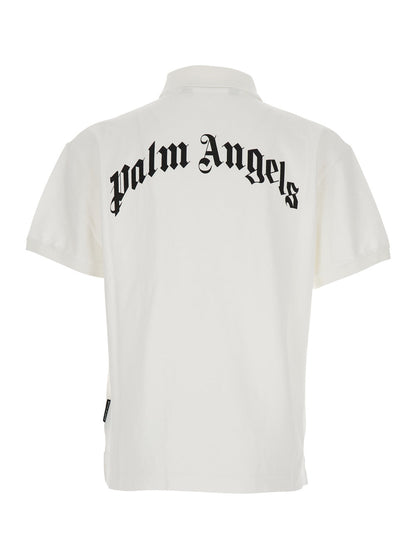 Palm Angels Men White Polo Shirt With Logo Lettering On Front And Rear In Cotton Piquet Man by Luosophy