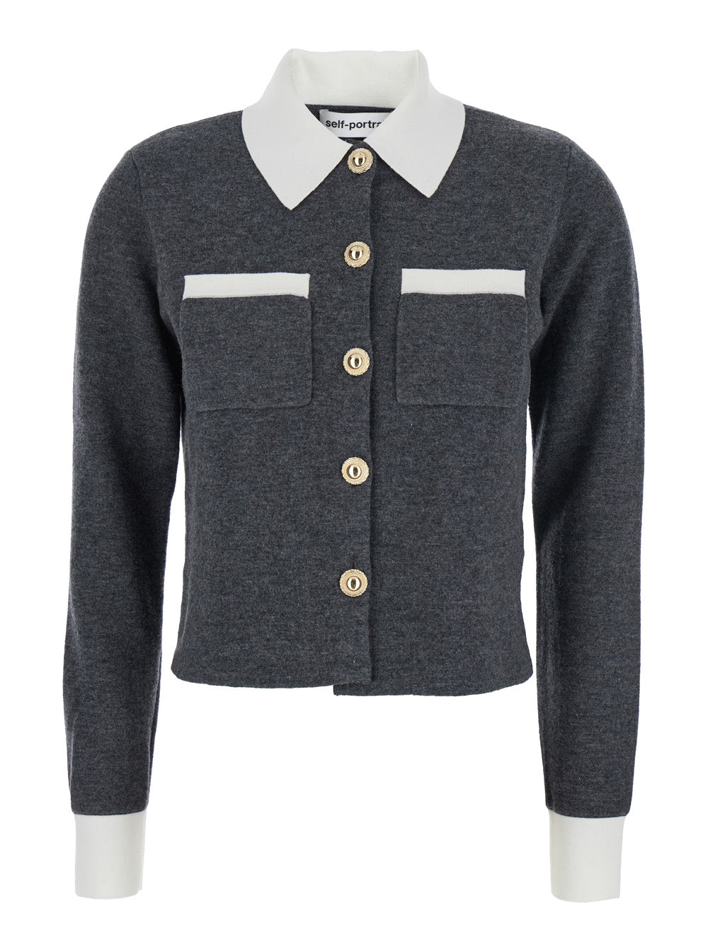 Self-Portrait Women Grey Cropped Cardigan With Contrasting Classic Collar And Two Front Patch Pockets In Wool Blend Woman by Luosophy
