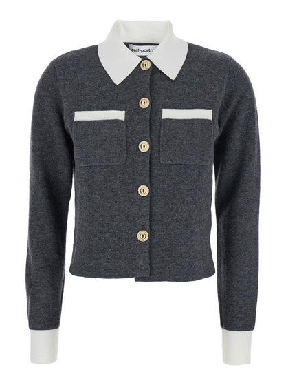 Self-Portrait Women Grey Cropped Cardigan With Contrasting Classic Collar And Two Front Patch Pockets In Wool Blend Woman by Luosophy