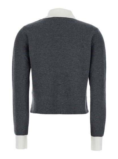 Self-Portrait Women Grey Cropped Cardigan With Contrasting Classic Collar And Two Front Patch Pockets In Wool Blend Woman by Luosophy