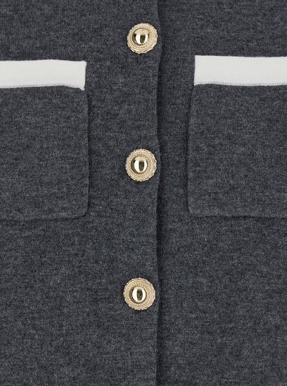 Self-Portrait Women Grey Cropped Cardigan With Contrasting Classic Collar And Two Front Patch Pockets In Wool Blend Woman by Luosophy
