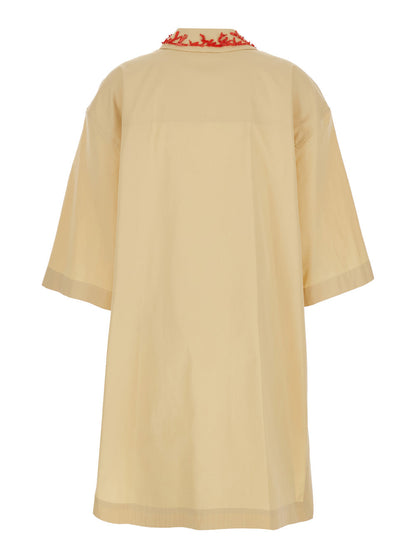 Fendi Women Beige Dress With Open Polo Shirt Style Collar And Embroidery On The Collar In Cotton Woman by Luosophy