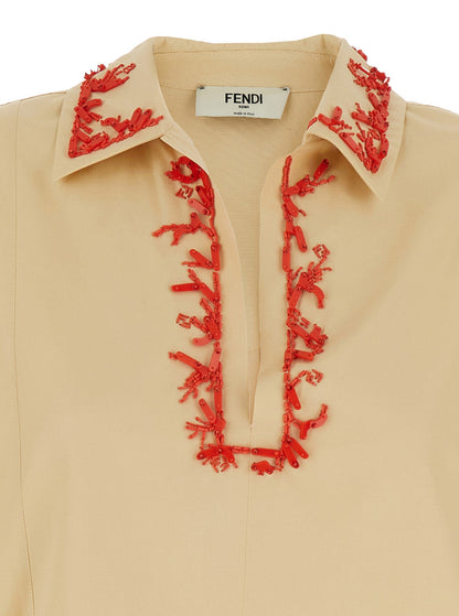 Fendi Women Beige Dress With Open Polo Shirt Style Collar And Embroidery On The Collar In Cotton Woman by Luosophy