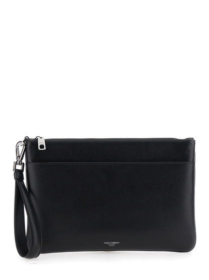 Dolce &amp; Gabbana Men Black Clutch With Removable Wrist Strap And Logo Lettering On The Front In Leather Man by Luosophy