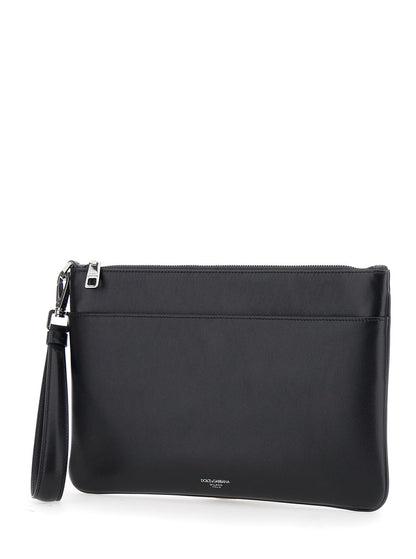 Dolce &amp; Gabbana Men Black Clutch With Removable Wrist Strap And Logo Lettering On The Front In Leather Man by Luosophy
