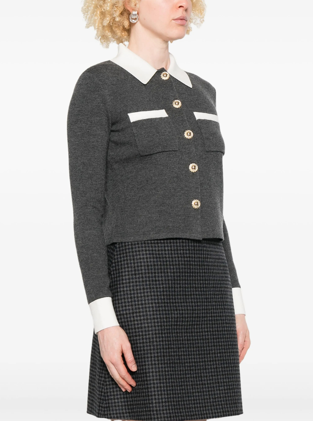 Self-Portrait Women Grey Cropped Cardigan With Contrasting Classic Collar And Two Front Patch Pockets In Wool Blend Woman by Luosophy
