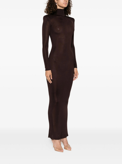Self-Portrait Women Brown Turtleneck Long Dress With Shoulder Pads In Viscose Woman by Luosophy
