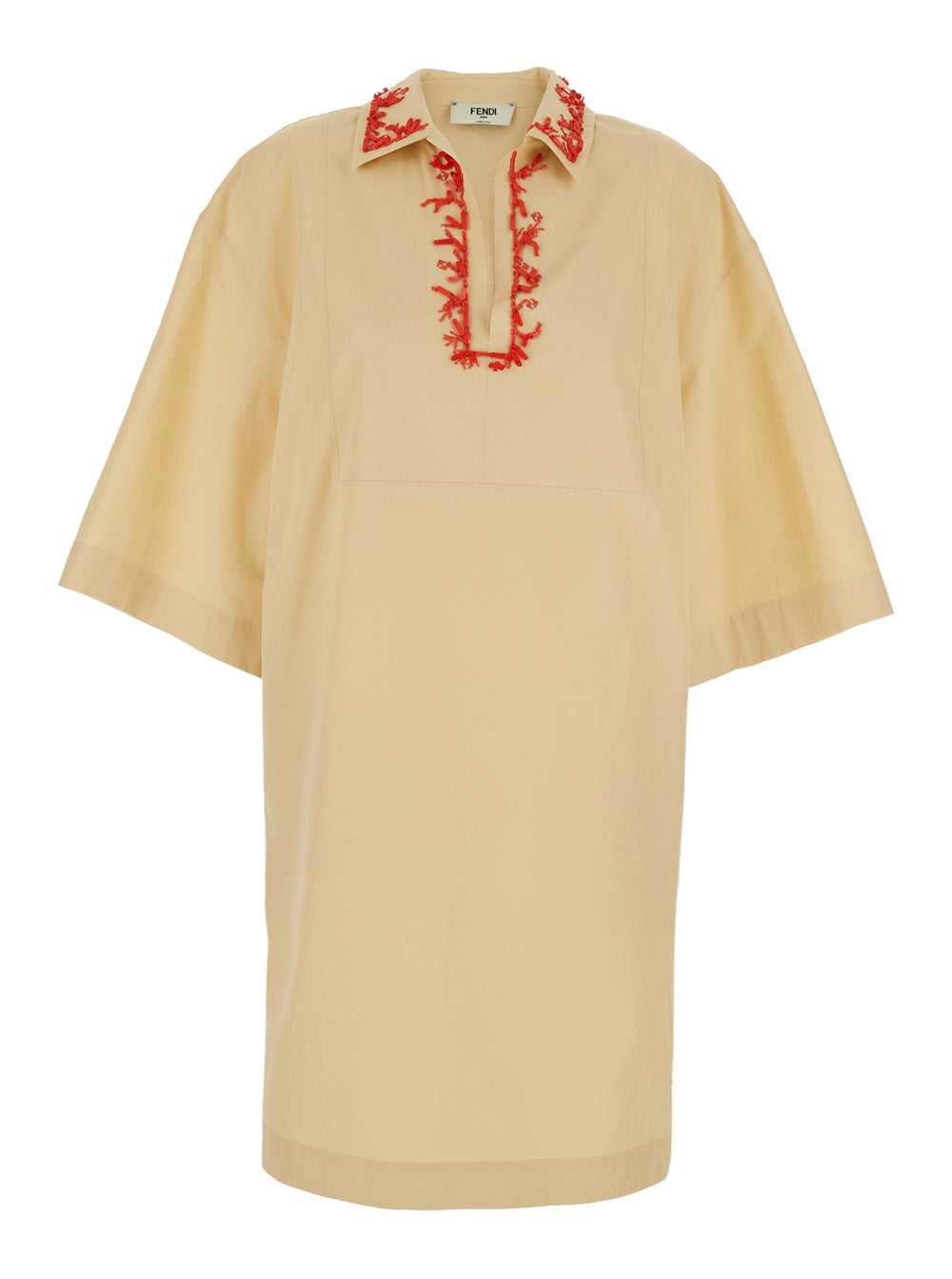 Fendi Women Beige Dress With Open Polo Shirt Style Collar And Embroidery On The Collar In Cotton Woman by Luosophy