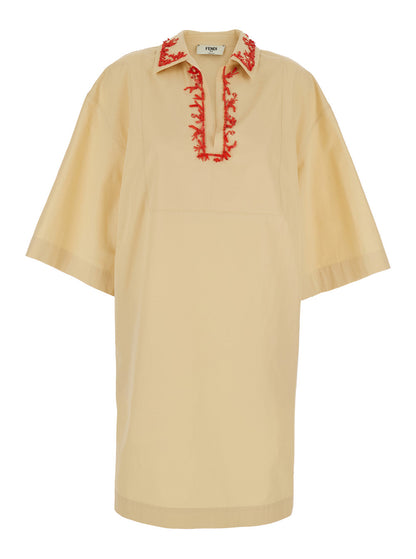Fendi Women Beige Dress With Open Polo Shirt Style Collar And Embroidery On The Collar In Cotton Woman by Luosophy