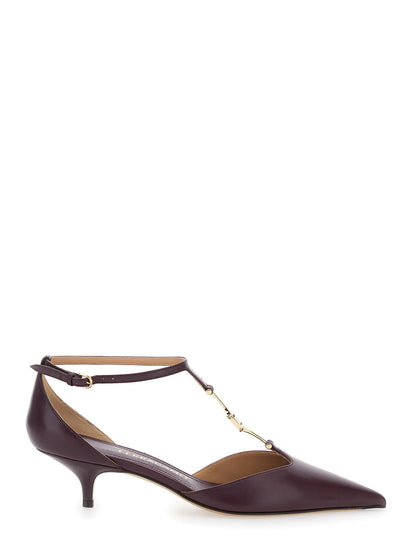 Ferragamo Women Bordeaux Pumps With T Strap And Low Heel In Leather Woman by Luosophy