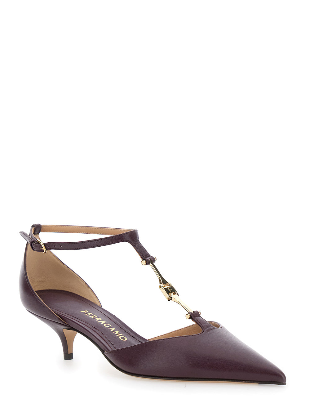 Ferragamo Women Bordeaux Pumps With T Strap And Low Heel In Leather Woman by Luosophy