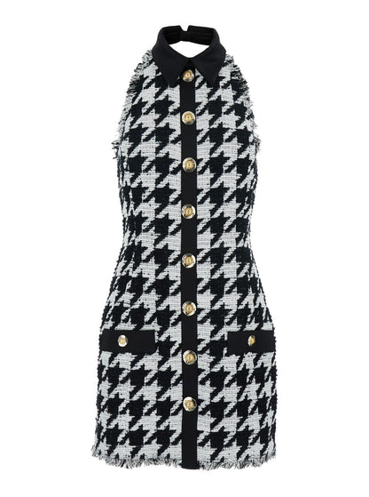 Balmain Women Black And White Halterneck Mini Dress With Houndstooth Motif In Tweed And Satin Woman by Luosophy