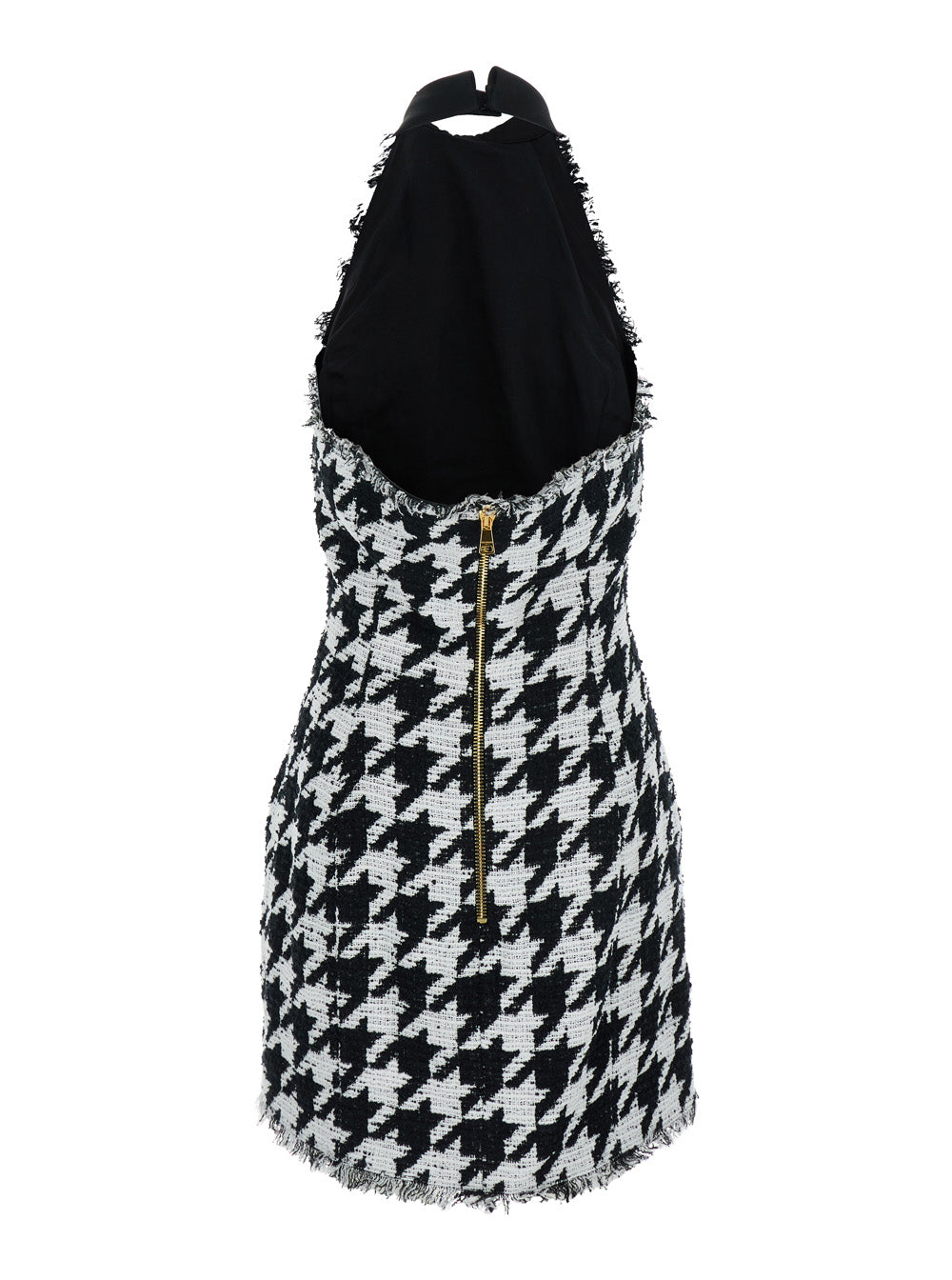 Balmain Women Black And White Halterneck Mini Dress With Houndstooth Motif In Tweed And Satin Woman by Luosophy