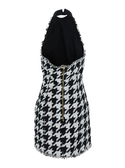 Balmain Women Black And White Halterneck Mini Dress With Houndstooth Motif In Tweed And Satin Woman by Luosophy
