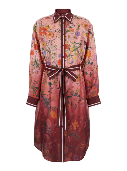 Gucci Women Bordeaux Gradient Dress With Removable Belt And All-Over Flora Print In Silk Woman by Luosophy