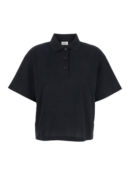 Saint Laurent Women Black Oversize Polo Shirt With Classic Collar And Tonal Logo Embroidery On The Front In Cotton Piquet Woman by Luosophy