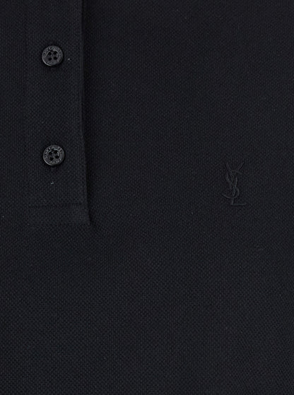 Saint Laurent Women Black Oversize Polo Shirt With Classic Collar And Tonal Logo Embroidery On The Front In Cotton Piquet Woman by Luosophy