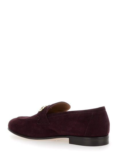 Ferragamo Women Bordeaux Loafers With Gancini Plaque On The Front And Low Heel In Suede Woman