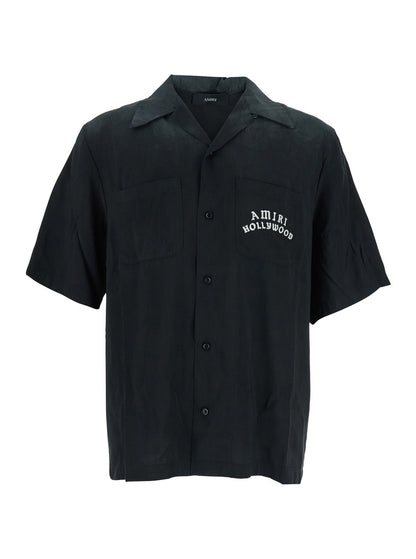 Amiri Men Black Shirt With Cuban Collar And Logo Lettering On Front In Modal Man by Luosophy